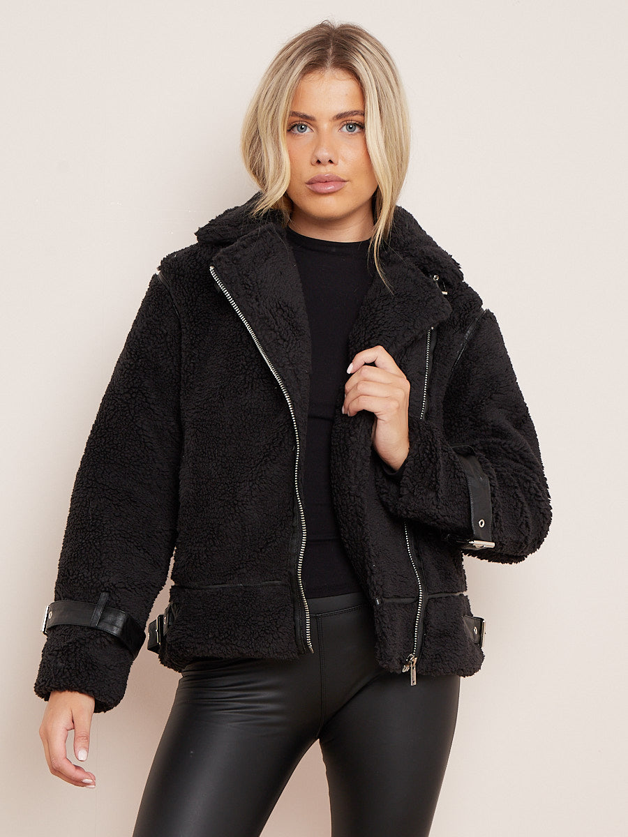 Borg biker jacket womens fashion