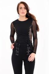 Metal Stud Detail Mesh Panel Bodysuit