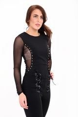 Metal Stud Detail Mesh Panel Bodysuit