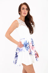 Printed Floral Lace Double Frill Skater Dress