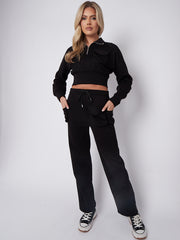 Velcro Pockets Crop Top & Trouser Fleece Coord