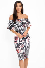 Striped Floral Off The Shoulder Frill Bardot Dress