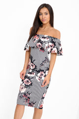 Striped Floral Off The Shoulder Frill Bardot Dress