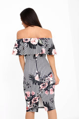 Striped Floral Off The Shoulder Frill Bardot Dress