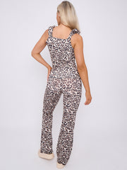Leopard Print Ruched Straps Slinky Top & Wide Leg Trouser Co-ord