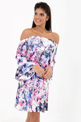 Bloemenprint bardot tie knoop slinky jurk