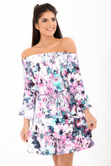 Bloemenprint bardot tie knoop slinky jurk
