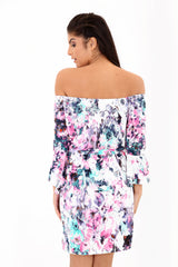 Bloemenprint bardot tie knoop slinky jurk