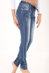 Lace Up Eyelet Front Distressed Denim Jeans