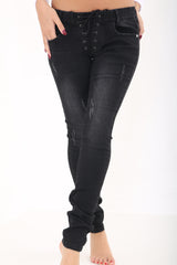Lace Up Eyelet Front Distressed Denim Jeans