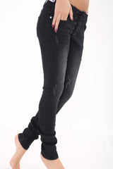 Lace Up Eyelet Front Distressed Denim Jeans