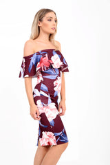 Floral Print Off The Shoulder Frill Bardot Dress