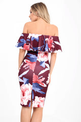 Floral Print Off The Shoulder Frill Bardot Dress