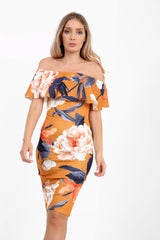 Floral Print Off The Shoulder Frill Bardot Dress