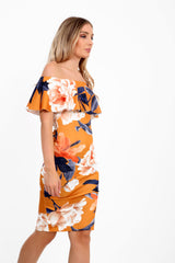 Floral Print Off The Shoulder Frill Bardot Dress