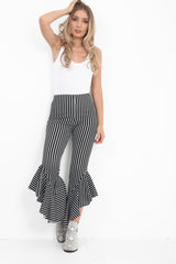 Striped Flared Frill Hem Cropped Trousers