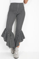 Striped Flared Frill Hem Cropped Trousers