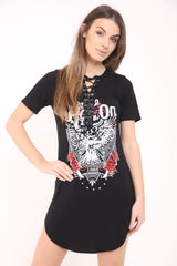 Lace Up Rock On Print Longline T Shirt Dress