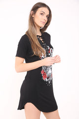 Lace Up Rock On Print Longline T Shirt Dress
