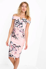 Floral Print Plunge Bardot Midi Dress