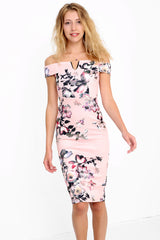 Floral Print Plunge Bardot Midi Dress