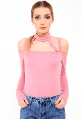 Cold Shoulder Choker Neck Strappy Bodysuit