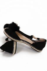 Faux Fur Pom Pom Strappy Peep Toe Sandals