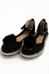 Faux Fur Pom Pom Strappy Peep Toe Sandals