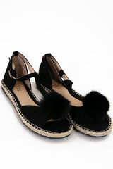 Faux Fur Pom Pom Strappy Peep Toe Sandals