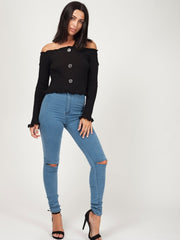 Button Front Knitted Bardot Crop Top