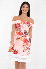 Tropical Floral Mesh Insert Bardot Skater Dress