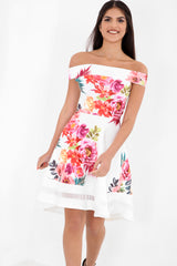 Tropical Floral Mesh Insert Bardot Skater Dress