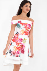 Tropical Floral Mesh Insert Bardot Skater Dress