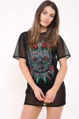 Lined Bodysuit Mesh Printed Longline T Shirt Dress