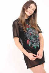 Lined Bodysuit Mesh Printed Longline T Shirt Dress