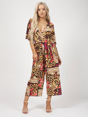 Baroque Print Wrap Front Culotte Jumpsuit
