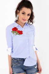 Rose Embroidered Knot Sleeve Striped Shirt