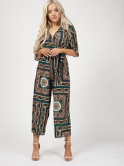 Baroque Print Wrap Front Culotte Jumpsuit