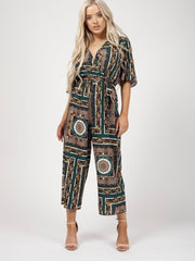 Baroque Print Wrap Front Culotte Jumpsuit