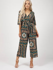 Baroque Print Wrap Front Culotte Jumpsuit