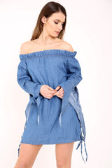 Oogje veter detail denim bardot jurk