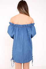 Oogje veter detail denim bardot jurk