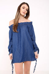 Oogje veter detail denim bardot jurk