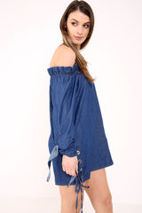 Oogje veter detail denim bardot jurk
