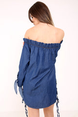 Oogje veter detail denim bardot jurk