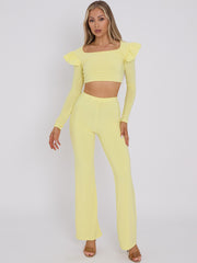 Frill Shoulder Slinky Crop Top & Wide Leg Trouser Co-ord