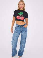 Kruzifix bestickte Denim -Jeans mit geradem Bein