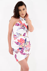 Tropical Floral Print Halter Neck Wrap Over Dress