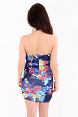 Tropical Floral Print Halter Neck Wrap Over Dress