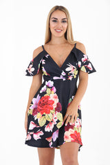 Cold Shoulder Wrap Over Floral Skater Dress